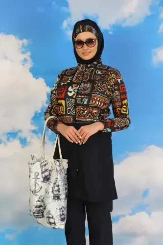 Akbeniz Women's Pants Patterned Full Coverage Swimsuit Navy Blue 31074 - 1