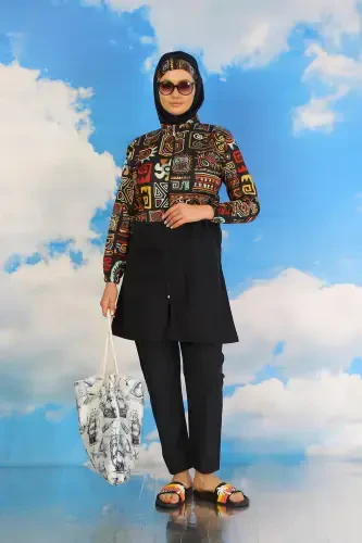 Akbeniz Women's Pants Patterned Full Coverage Swimsuit Navy Blue 31074 - 3