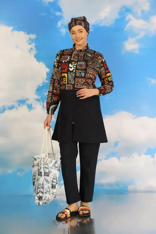 Akbeniz Women's Pants Patterned Full Coverage Swimsuit Navy Blue 31074 - 5