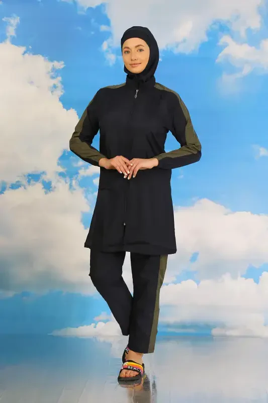 Akbeniz Women's Pants Swimsuit with Striped Arm Fully Covered Navy Blue 31065 - 4