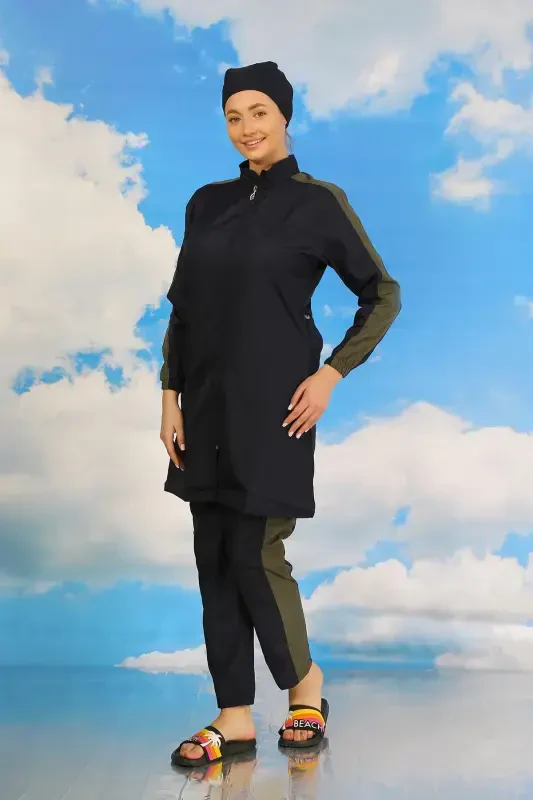 Akbeniz Women's Pants Swimsuit with Striped Arm Fully Covered Navy Blue 31065 - 6