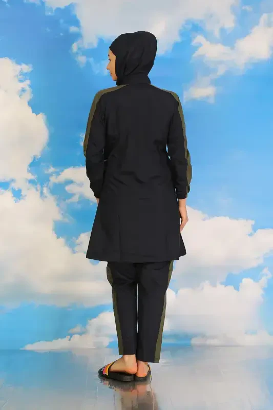 Akbeniz Women's Pants Swimsuit with Striped Arm Fully Covered Navy Blue 31065 - 7