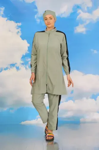 Akbeniz Women's Pants Swimsuit with Striped Sleeve Modest Swimwear Water Green 31065 - 3