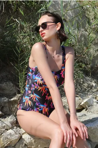 Akbeniz Women's Patterned Swimsuit Black 34022 - 7