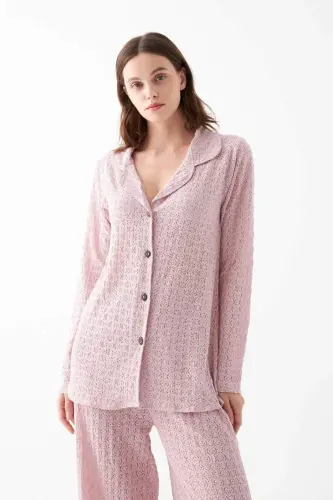 Akbeniz Women's Pink Button-Down Relaxed Fit Pajama Set - 2