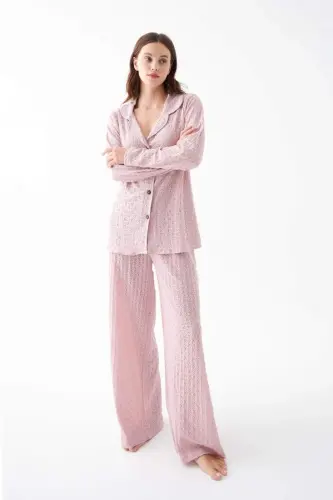 Akbeniz Women's Pink Button-Down Relaxed Fit Pajama Set - 3