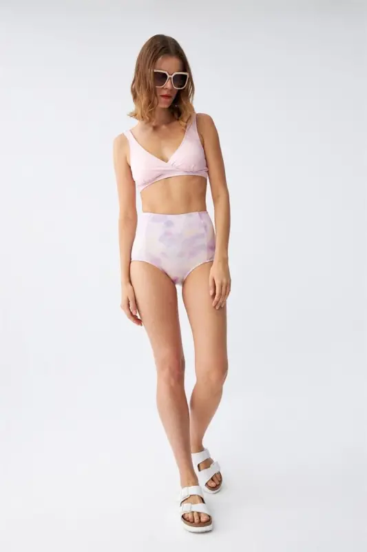 Akbeniz Women's Pink Padded Top and Pastel Patterned High Waist Bikini Set - 1