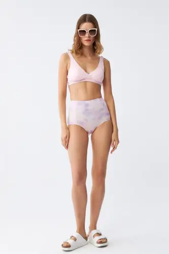 Akbeniz Women's Pink Padded Top and Pastel Patterned High Waist Bikini Set - 3