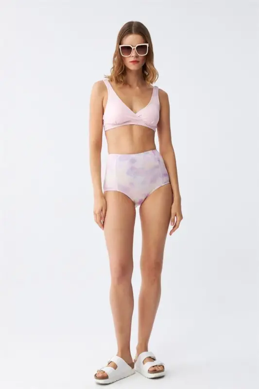 Akbeniz Women's Pink Padded Top and Pastel Patterned High Waist Bikini Set - 3