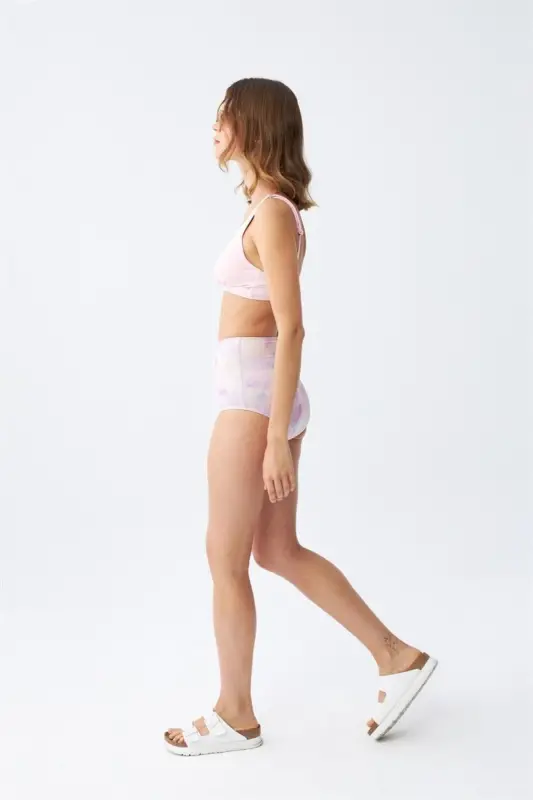 Akbeniz Women's Pink Padded Top and Pastel Patterned High Waist Bikini Set - 4