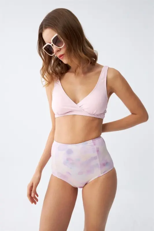 Akbeniz Women's Pink Padded Top and Pastel Patterned High Waist Bikini Set - 5