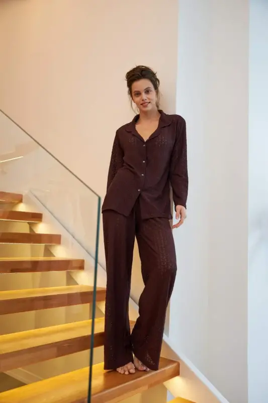 Akbeniz Women's Plum Button-Down Relaxed Fit Pajama Set - BÜYÜKBEDENIZ
