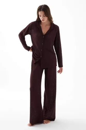 Akbeniz Women's Plum Button-Down Relaxed Fit Pajama Set - 2