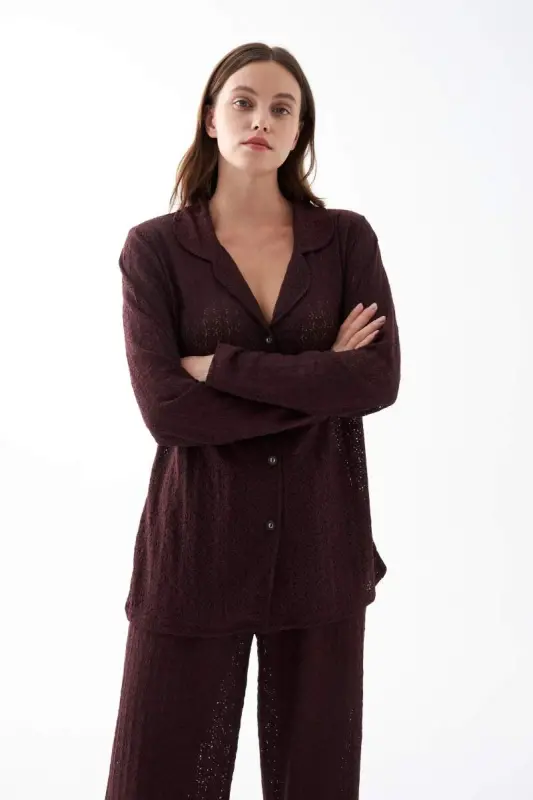 Akbeniz Women's Plum Button-Down Relaxed Fit Pajama Set - 3