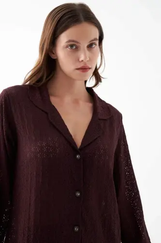 Akbeniz Women's Plum Button-Down Relaxed Fit Pajama Set - 4