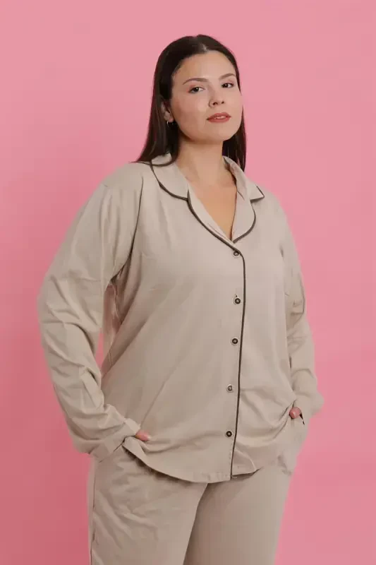 Akbeniz Women's Plus Size Beige Buttoned Pajama Set - AKBENIZ