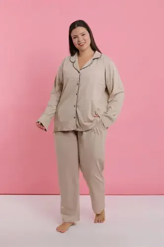 Akbeniz Women's Plus Size Beige Buttoned Pajama Set - 3