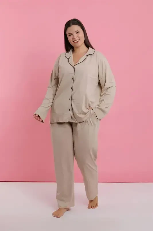 Akbeniz Women's Plus Size Beige Buttoned Pajama Set - 3