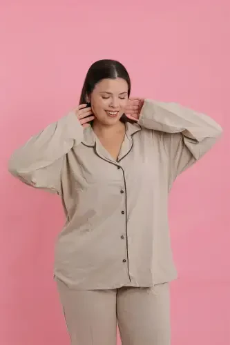 Akbeniz Women's Plus Size Beige Buttoned Pajama Set - 4