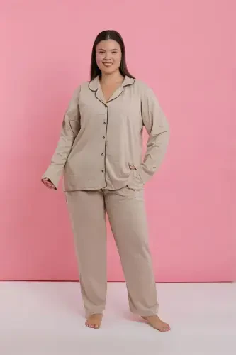 Akbeniz Women's Plus Size Beige Buttoned Pajama Set - 5