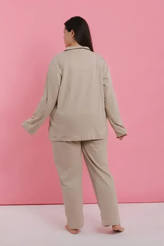 Akbeniz Women's Plus Size Beige Buttoned Pajama Set - 6