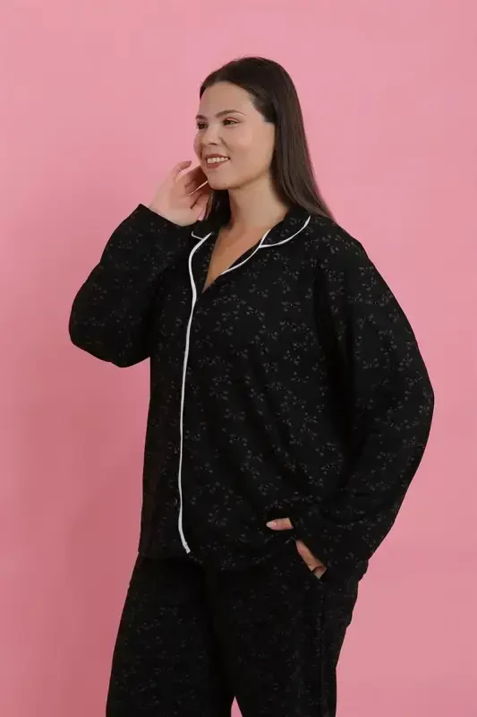 Akbeniz Women's Plus Size Black and White Piping Patterned Buttoned Pajama Set - AKBENIZ