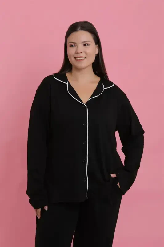 Akbeniz Women's Plus Size Black Buttoned Pajama Set - 2