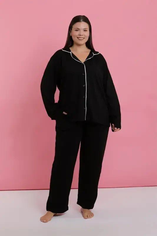 Akbeniz Women's Plus Size Black Buttoned Pajama Set - 4