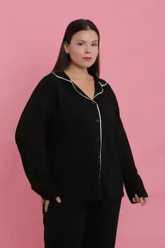 Akbeniz Women's Plus Size Black Buttoned Pajama Set - 6