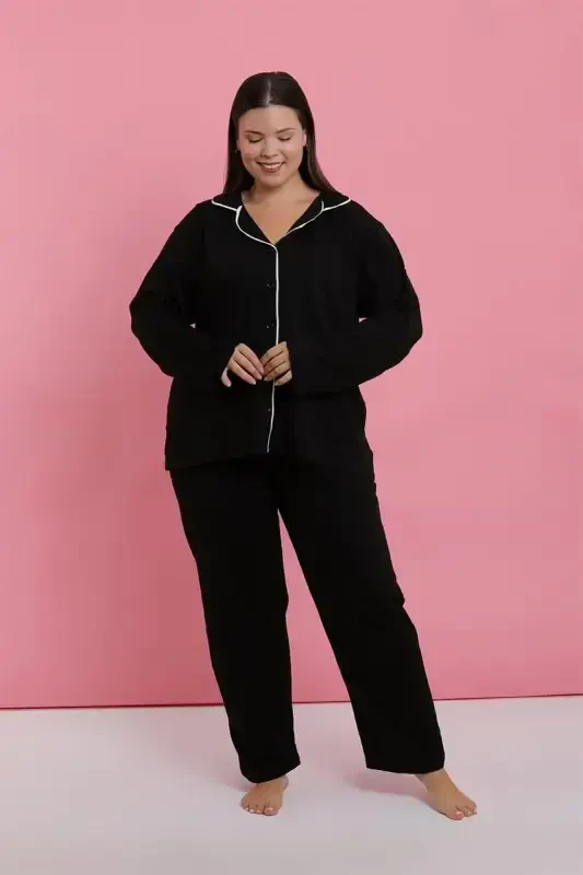 Akbeniz Women's Plus Size Black Buttoned Pajama Set - 7