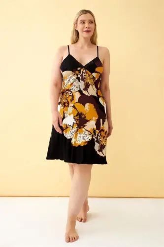 Akbeniz Women's Plus Size Black Floral Patterned Tank Top Nightdress - 6