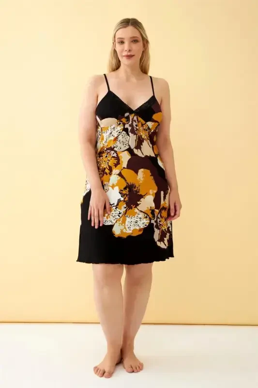 Akbeniz Women's Plus Size Black Floral Patterned Tank Top Nightdress - 3