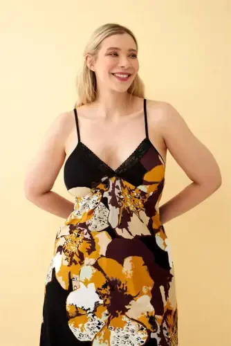 Akbeniz Women's Plus Size Black Floral Patterned Tank Top Nightdress - 5