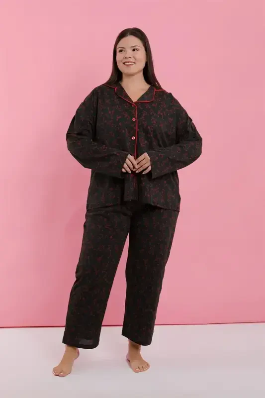 Akbeniz Women's Plus Size Black Red Floral Buttoned Pajama Set - 1