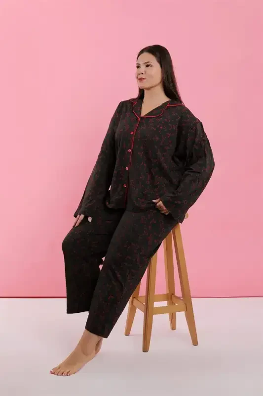 Akbeniz Women's Plus Size Black Red Floral Buttoned Pajama Set - 2