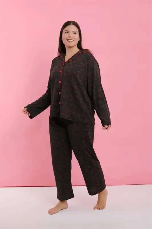 Akbeniz Women's Plus Size Black Red Floral Buttoned Pajama Set - 3