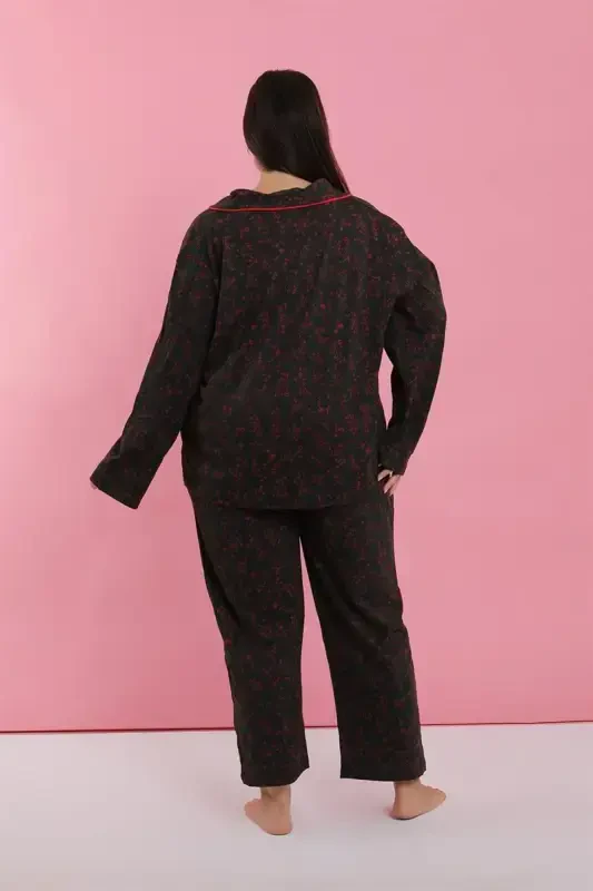 Akbeniz Women's Plus Size Black Red Floral Buttoned Pajama Set - 4