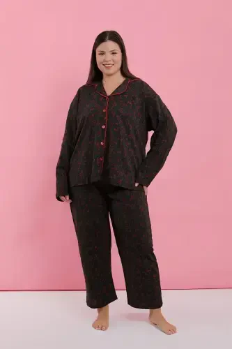 Akbeniz Women's Plus Size Black Red Floral Buttoned Pajama Set - 5