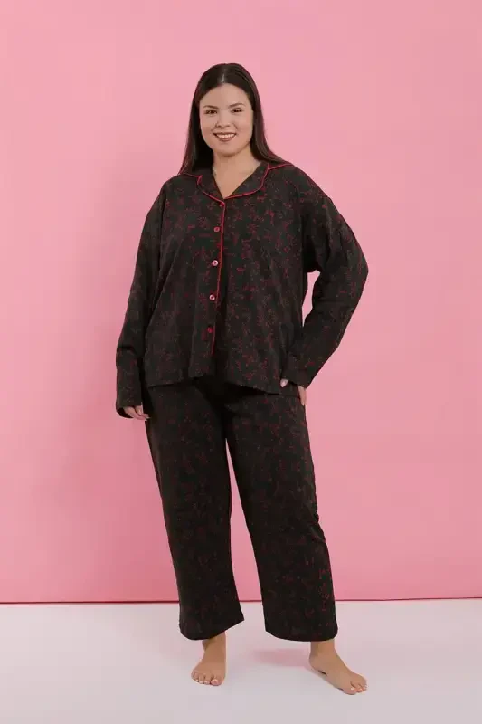Akbeniz Women's Plus Size Black Red Floral Buttoned Pajama Set - 5