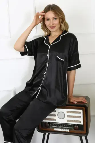 Akbeniz Women's Plus Size Black Satin Pajama Set 10303 - 3