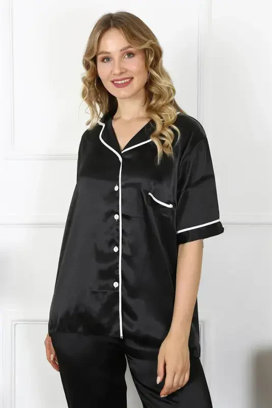 Akbeniz Women's Plus Size Black Satin Pajama Set 10303 - 4
