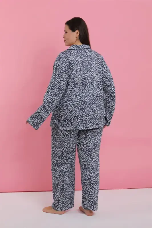 Akbeniz Women's Plus Size Blue Leopard Print Buttoned Pajama Set - 7