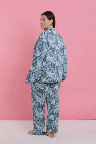 Akbeniz Women's Plus Size Blue Tropical Patterned Buttoned Pajama Set - 5