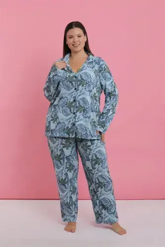 Akbeniz Women's Plus Size Blue Tropical Patterned Buttoned Pajama Set 