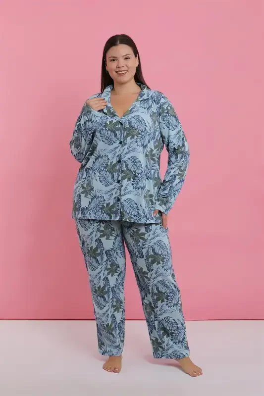 Akbeniz Women's Plus Size Blue Tropical Patterned Buttoned Pajama Set - 1