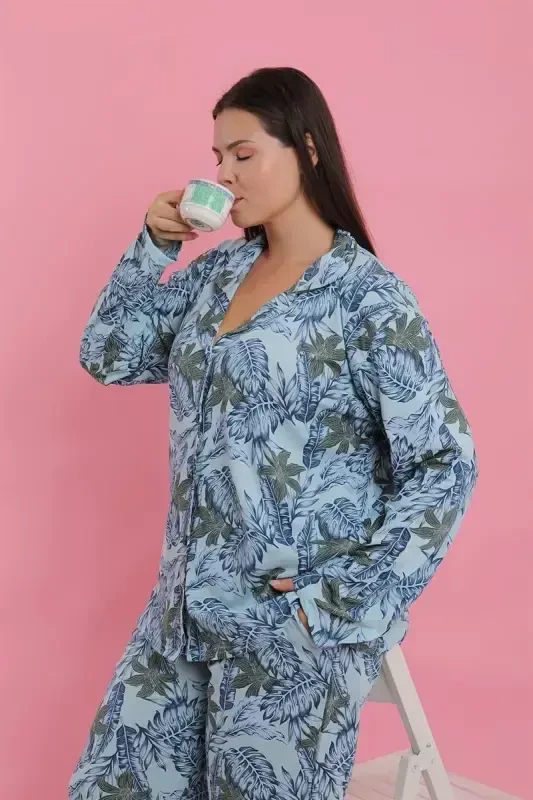 Akbeniz Women's Plus Size Blue Tropical Patterned Buttoned Pajama Set - 2