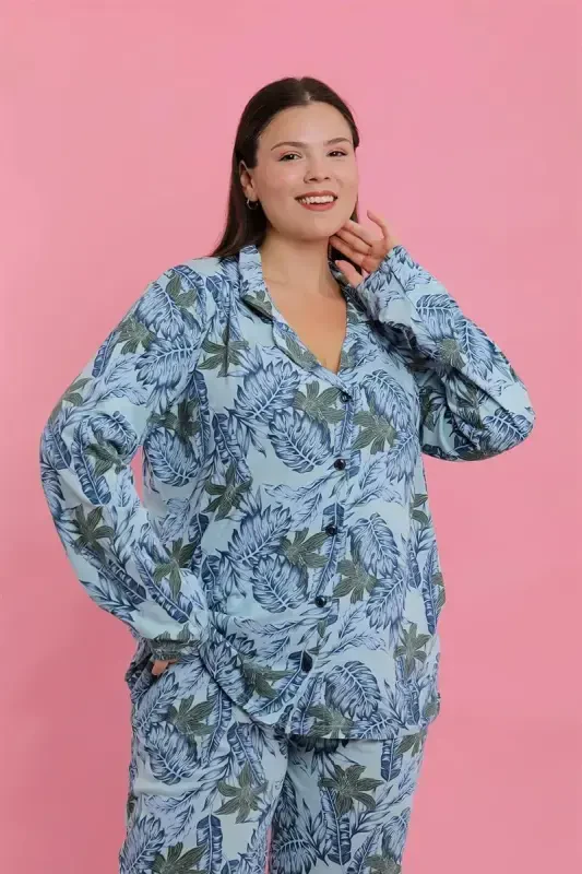 Akbeniz Women's Plus Size Blue Tropical Patterned Buttoned Pajama Set - 4