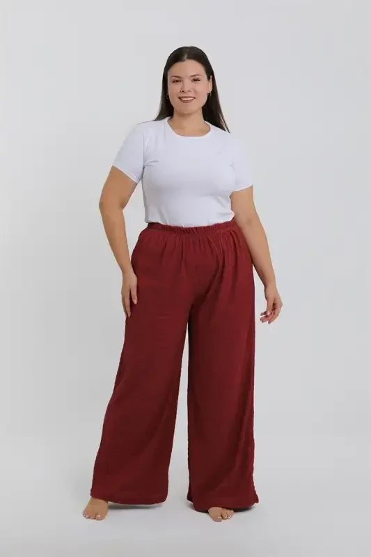 Akbeniz Women's Plus Size Burgundy Relaxed Fit Baggy Single Bottom - 1