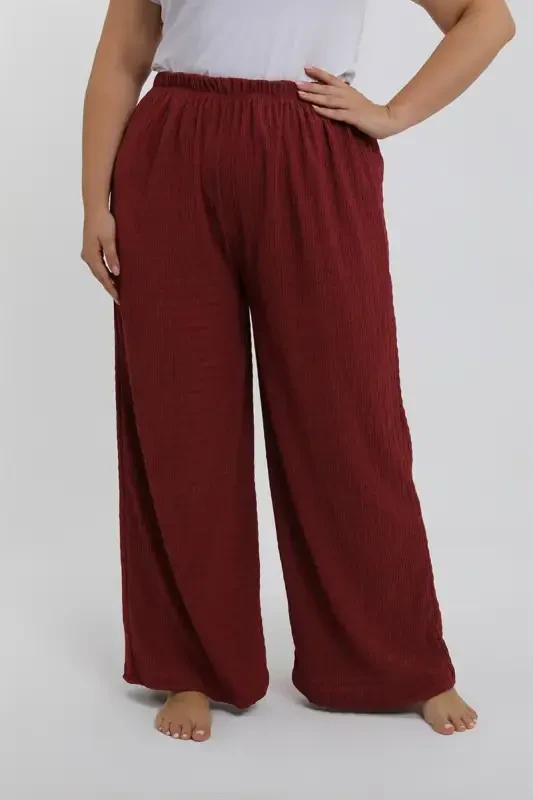 Akbeniz Women's Plus Size Burgundy Relaxed Fit Baggy Single Bottom - 2