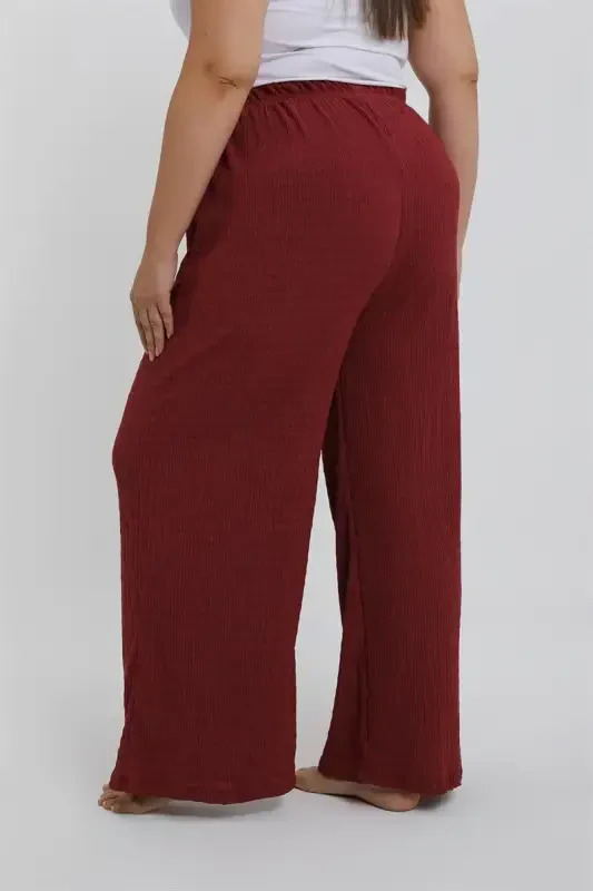 Akbeniz Women's Plus Size Burgundy Relaxed Fit Baggy Single Bottom - 3